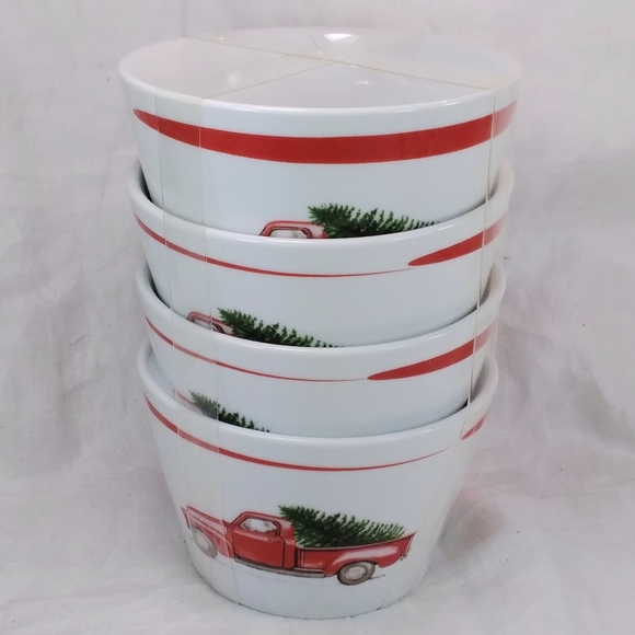 222 FIFTH Set of 4 WINTER CHEER Small BOWLS Santa Red Pickup Truck Tree NEW - Picture 12 of 12